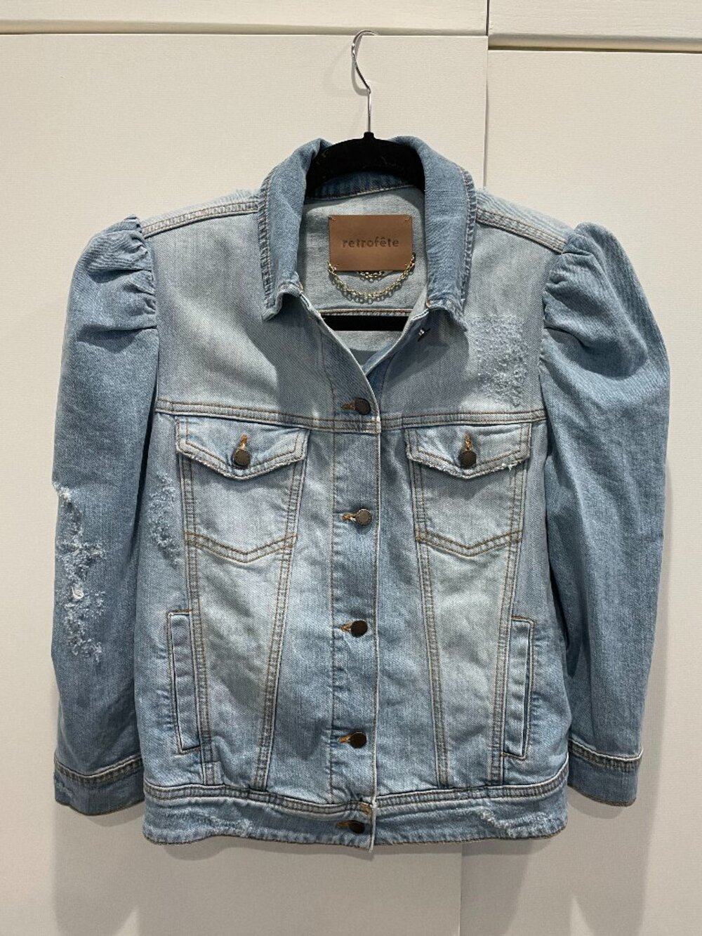 Retrofête Puff Sleeve Distressed Denim Jacket Light Wash Medium